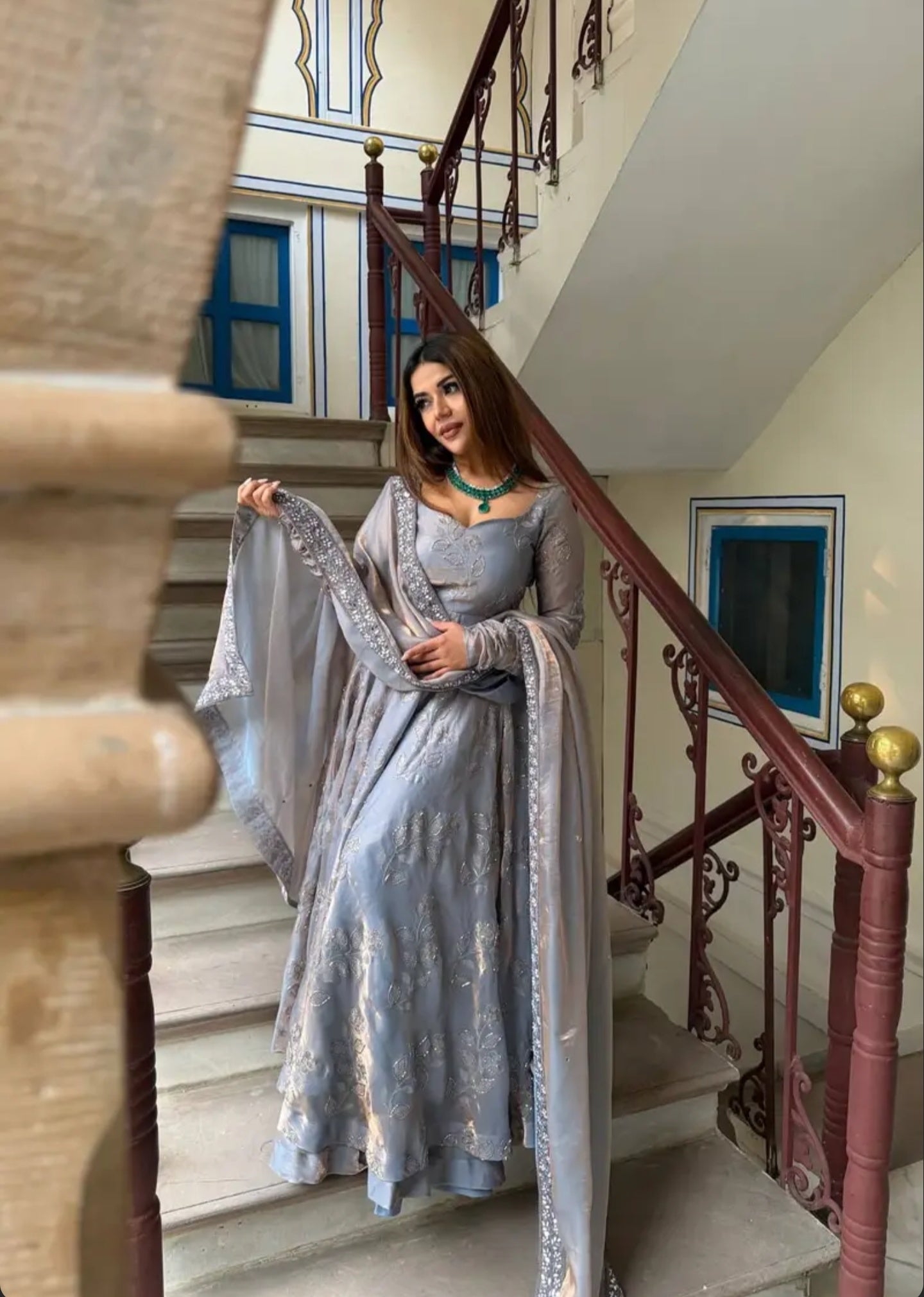 silver anarkali dress Buy Antique silver anarkali and farshi salwar set by Ranian at Aashni and Co