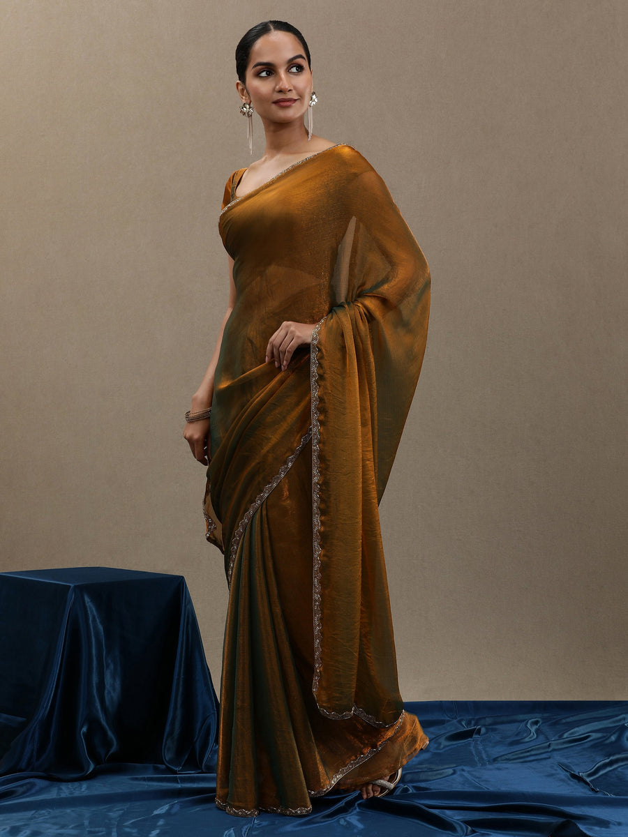 Bronze Gold Soft Organza Saree with Minimal Border – Elegant Partywear Saree