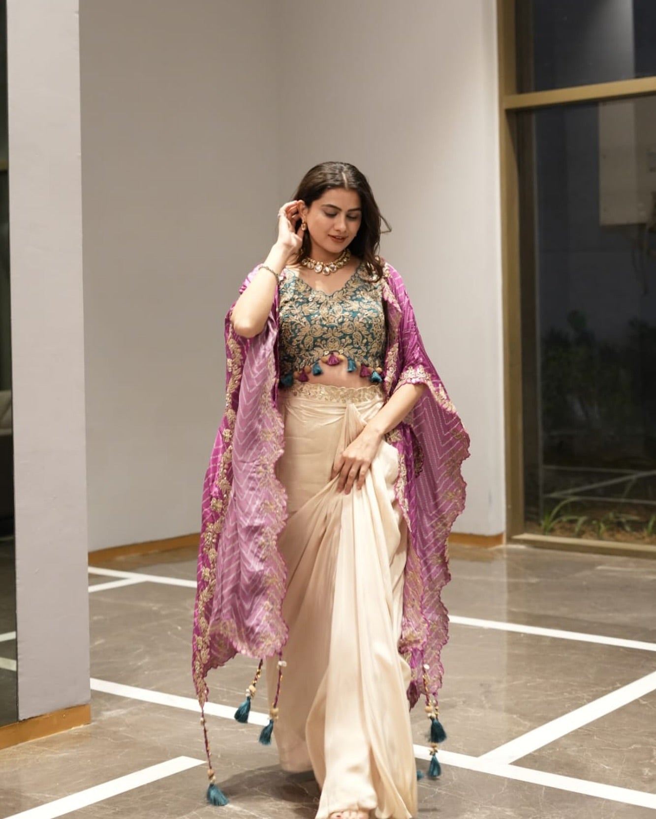 Indo Western Dress For Women | Cream Cowl Skirt & Rama Embroidery Blouse Set with Shrug