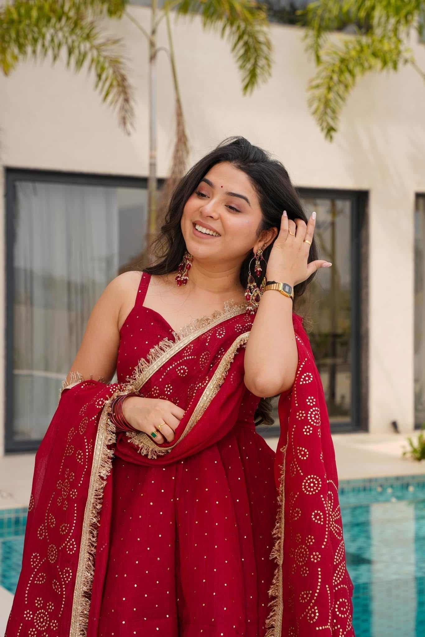 Festive Wine Red Tabby Organza Kurti Palazzo Set with Mukesh Work & Lace Dupatta