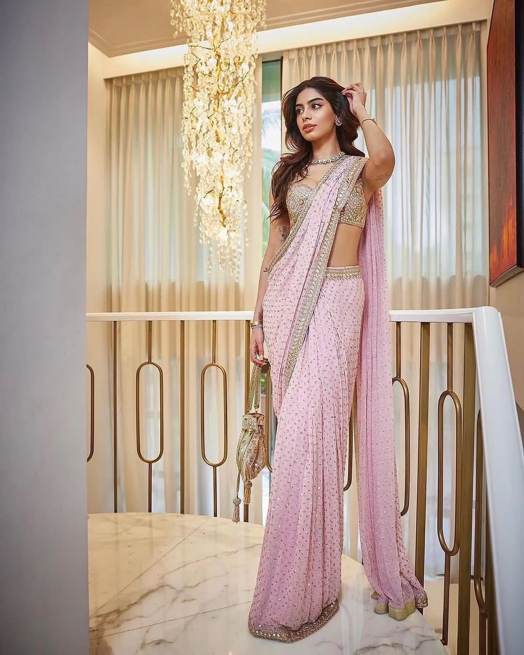 Festive Wear Glamorous Khushi Kapoor Inspired Pink Saree