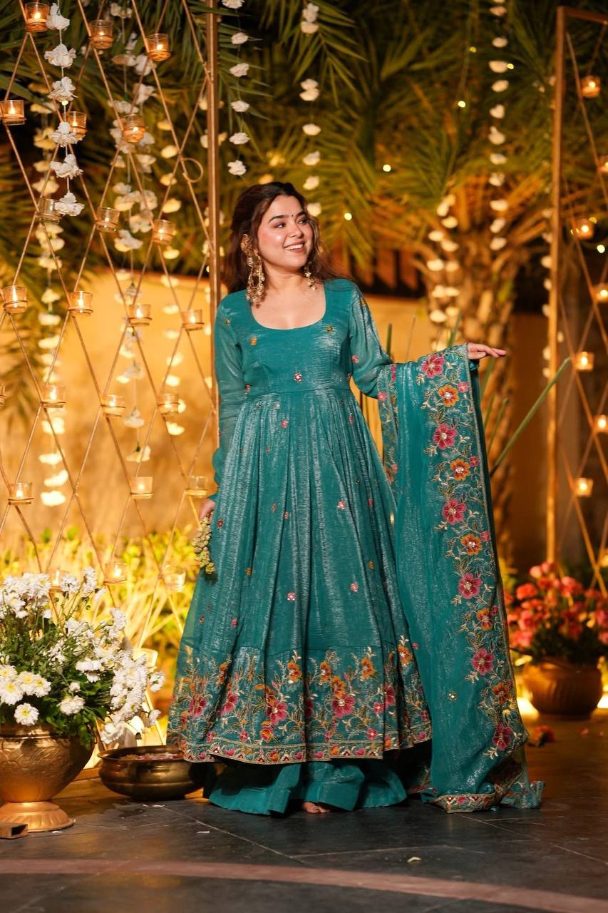 Festive Designer Wear Teal Green Anarkali Sharara Set