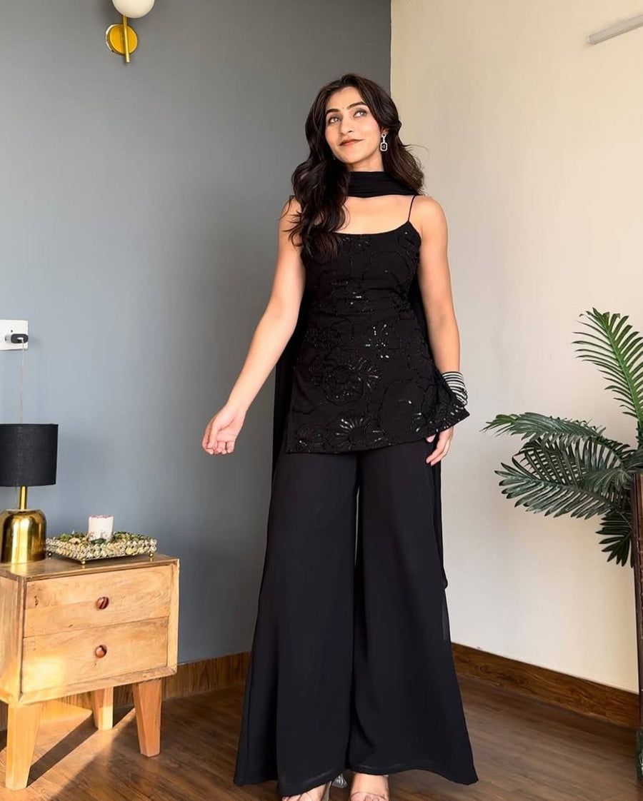 Classic 90's Inpired Black Cosmos Kurta Palazzo Set with Dupatta