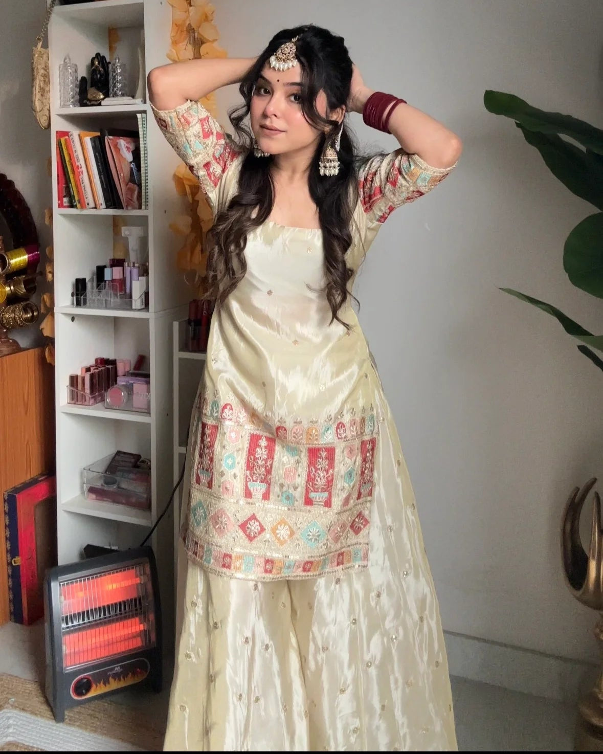 Festive Wear Ivory Heavy Chinon Silk Kurti Sharara Set with Embroidered Dupatta