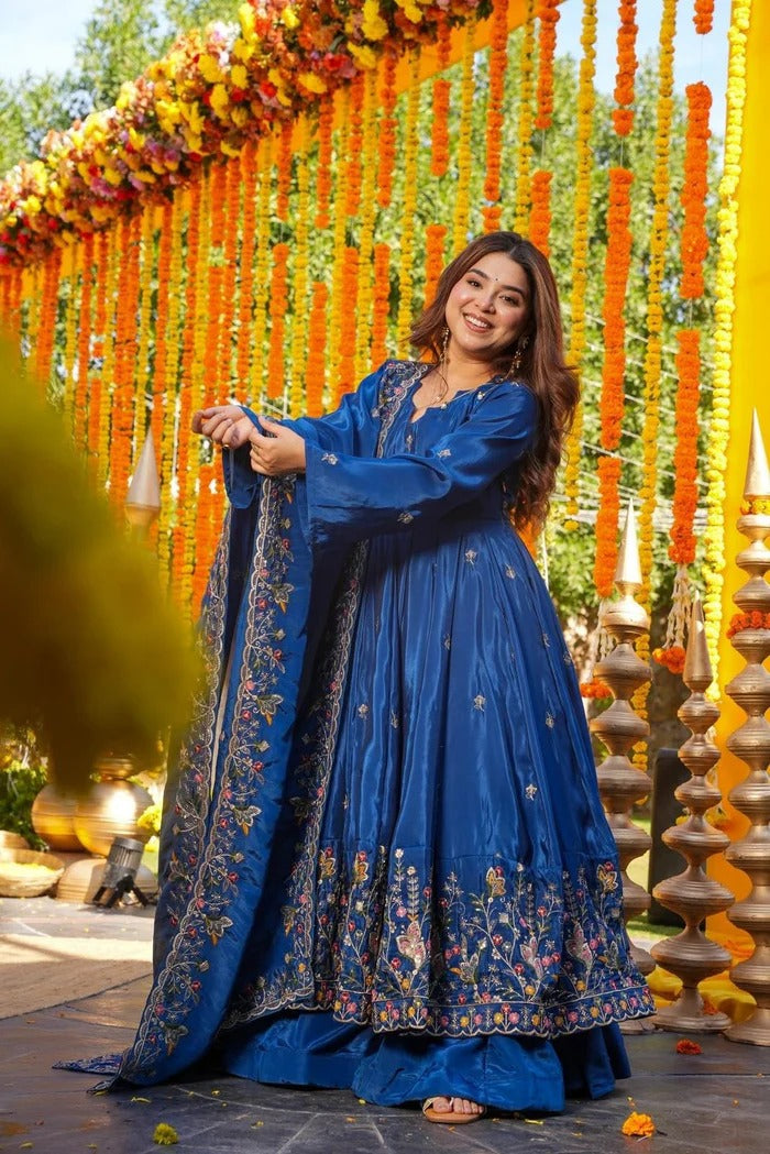 Wedding Wear Royal Blue Slit Anarkali Set