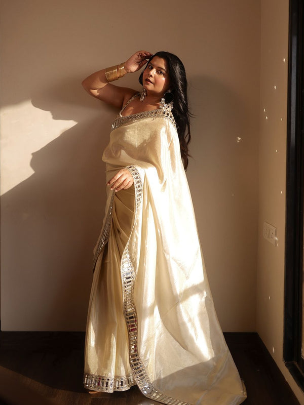 Designer Mirror Work Banarasi Tissue Silk Party Wear Saree For Women | Mirror Work Saree | Saree For Farewell