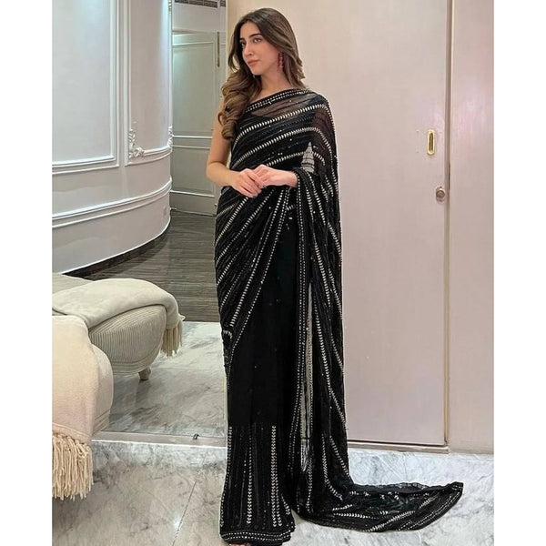 Cocktail Black Premium Georgette Party Wear Saree with Sequin Embroidery Work