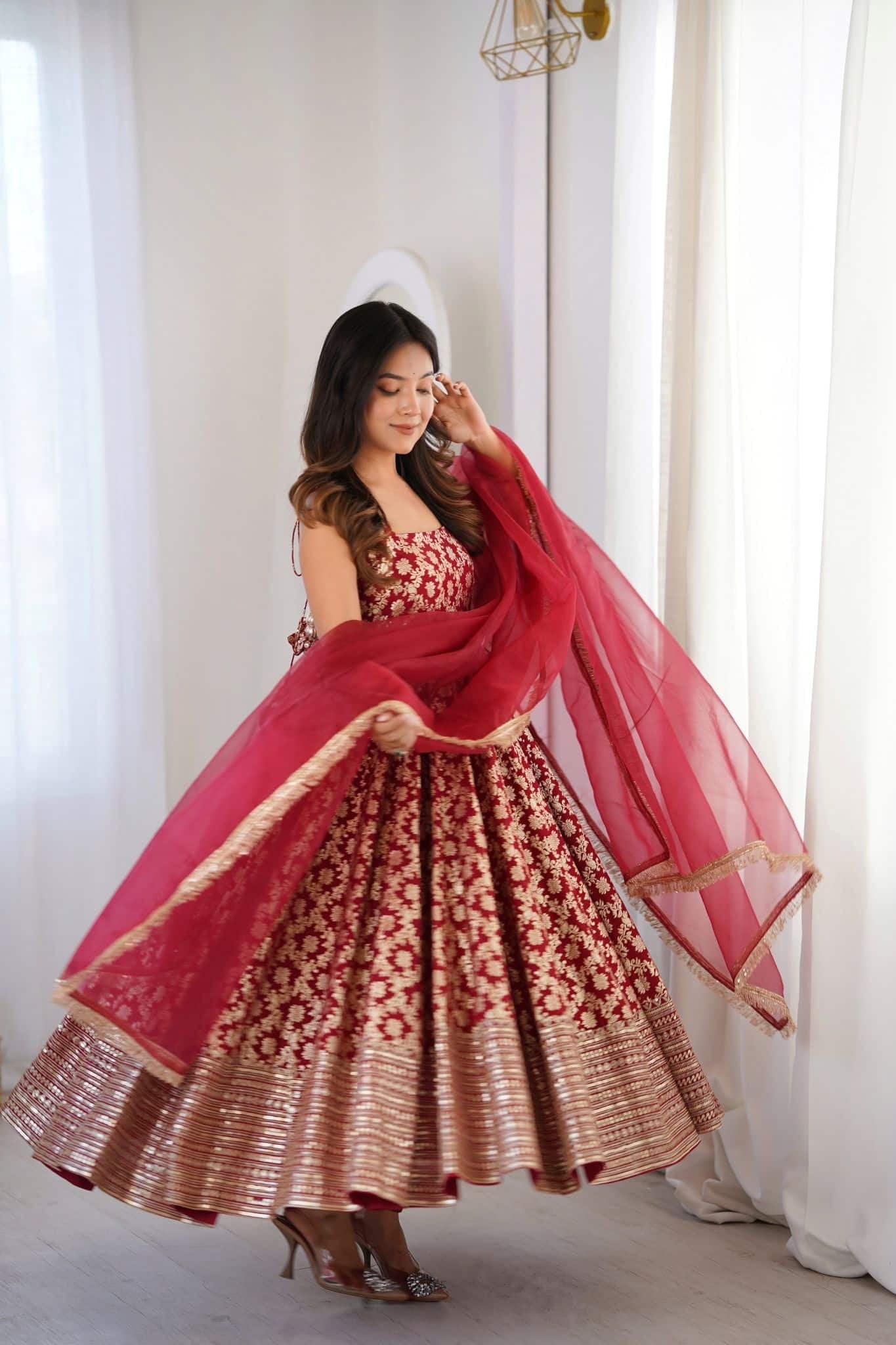 Festive Wear Maroon Silk Designer Anarkali Suit Set with Organza Dupatta for Women | Wedding & Sangeet Wear