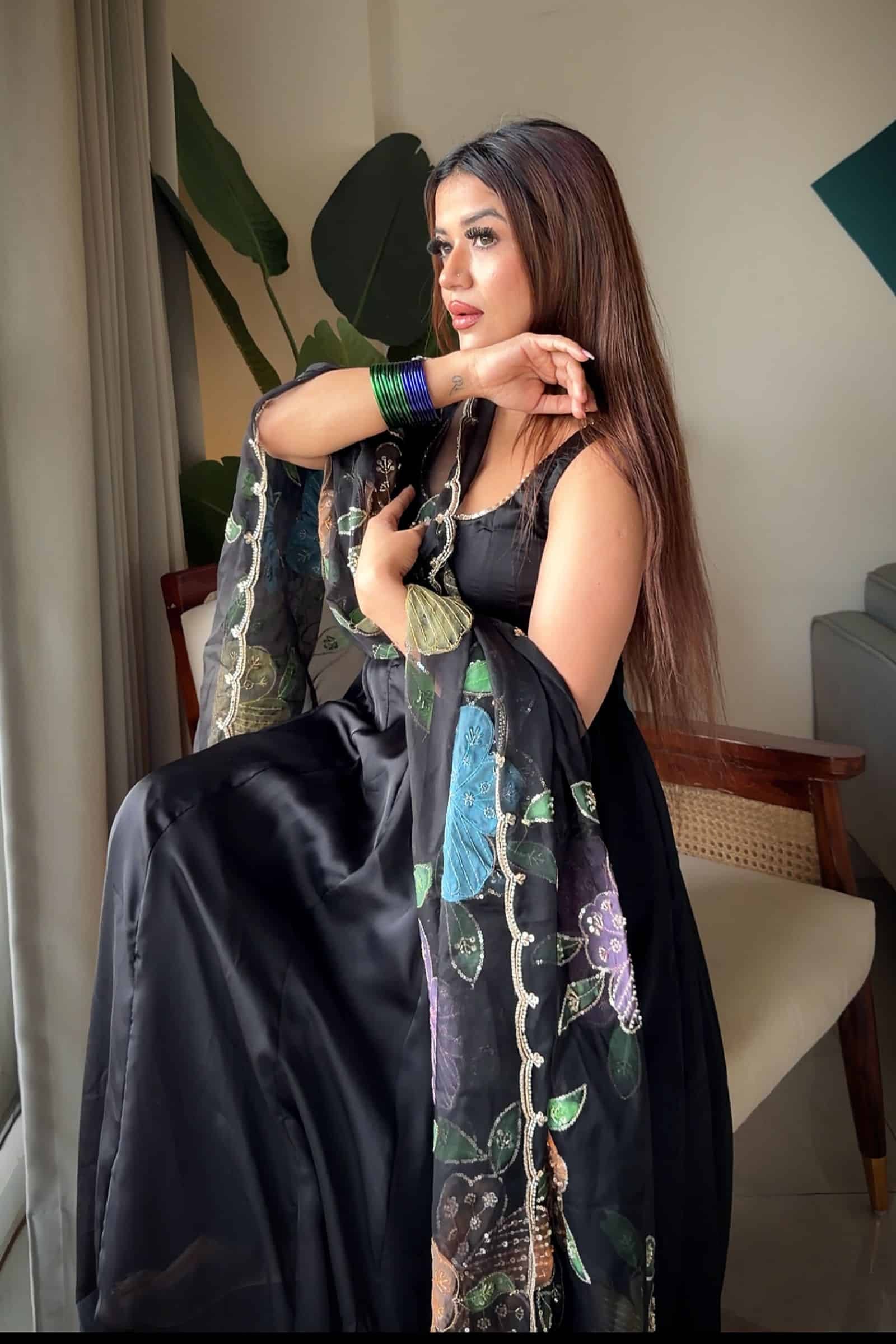 Elegant Black Party Wear Anarkali Suit Set for Women with Floral Organza Dupatta