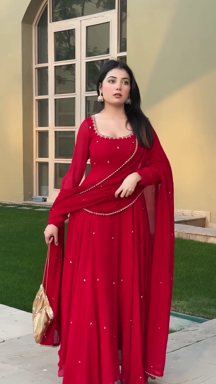 Red Heavy Georgette Handwork Anarkali Suit with Lace Dupatta & Cotton Silk Pants