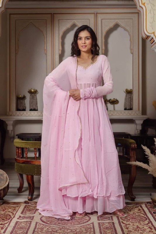 Festive Wear Pastel Pink Handwork Georgette Anarkali Suit Set for Women with Palazzo & Dupatta