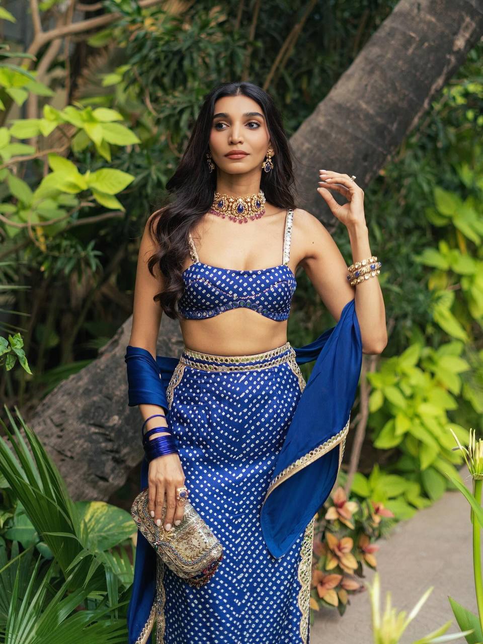 Royal Blue Bandhani Mirror Work Crop Top & Skirt Set with Dupatta for Women | Indo-Western Wedding & Sangeet Outfit