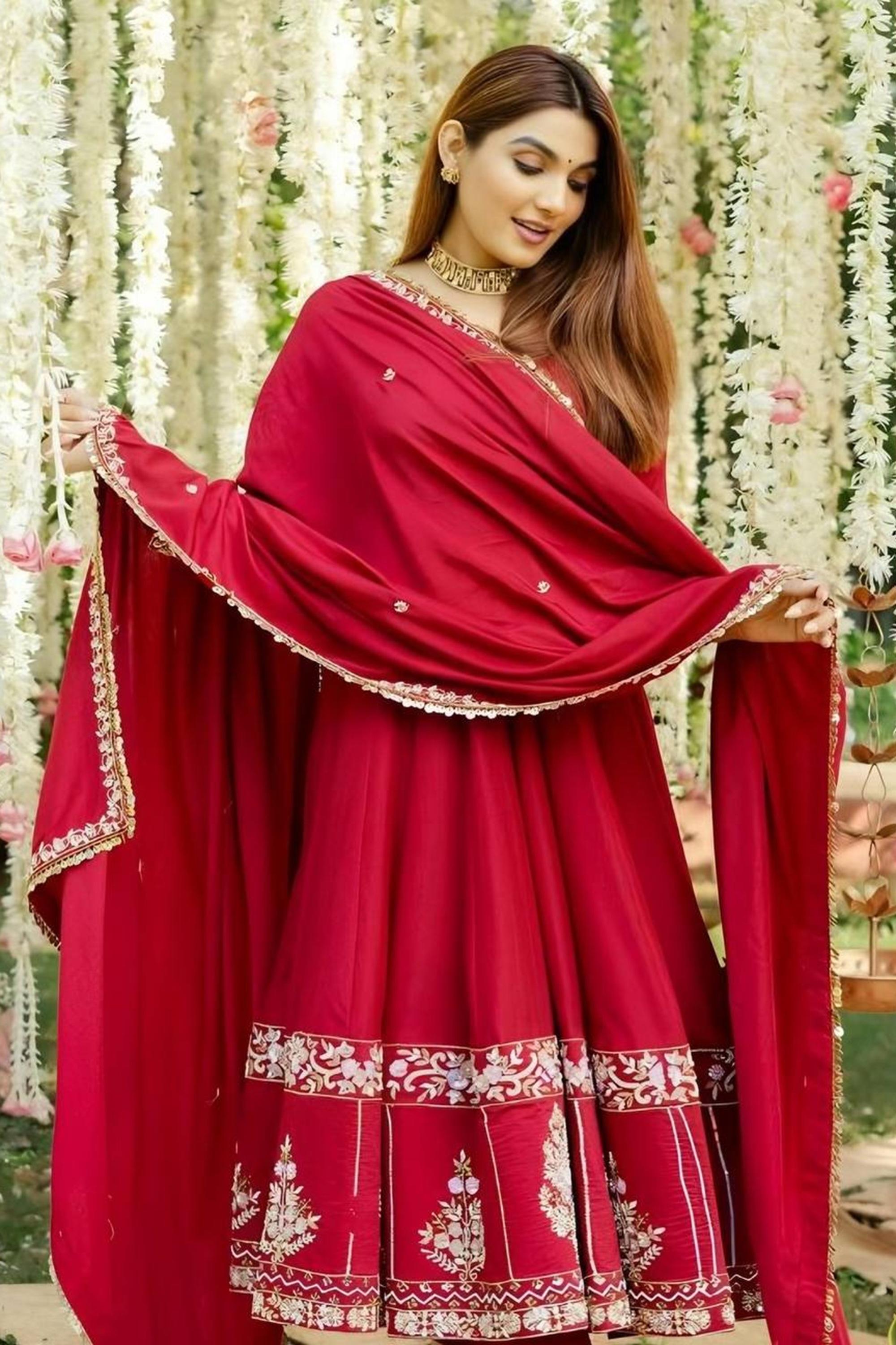 Wedding Wear Red Roman Silk Embroidered Anarkali Suit Set with Dupatta