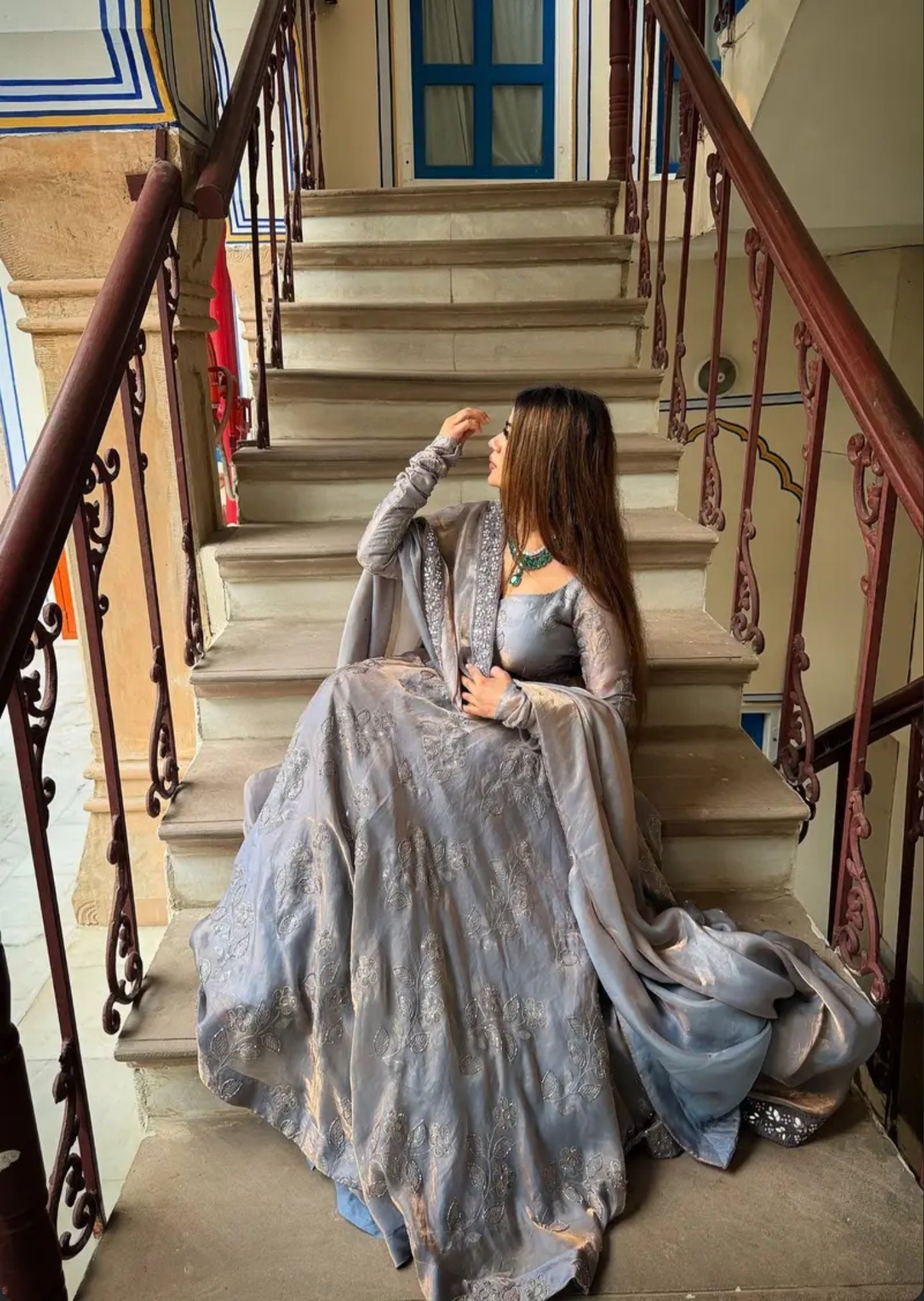 Silver Grey Embroidered Anarkali Palazzo Suit Set for Women | Wedding & Party Wear Palazzo Set