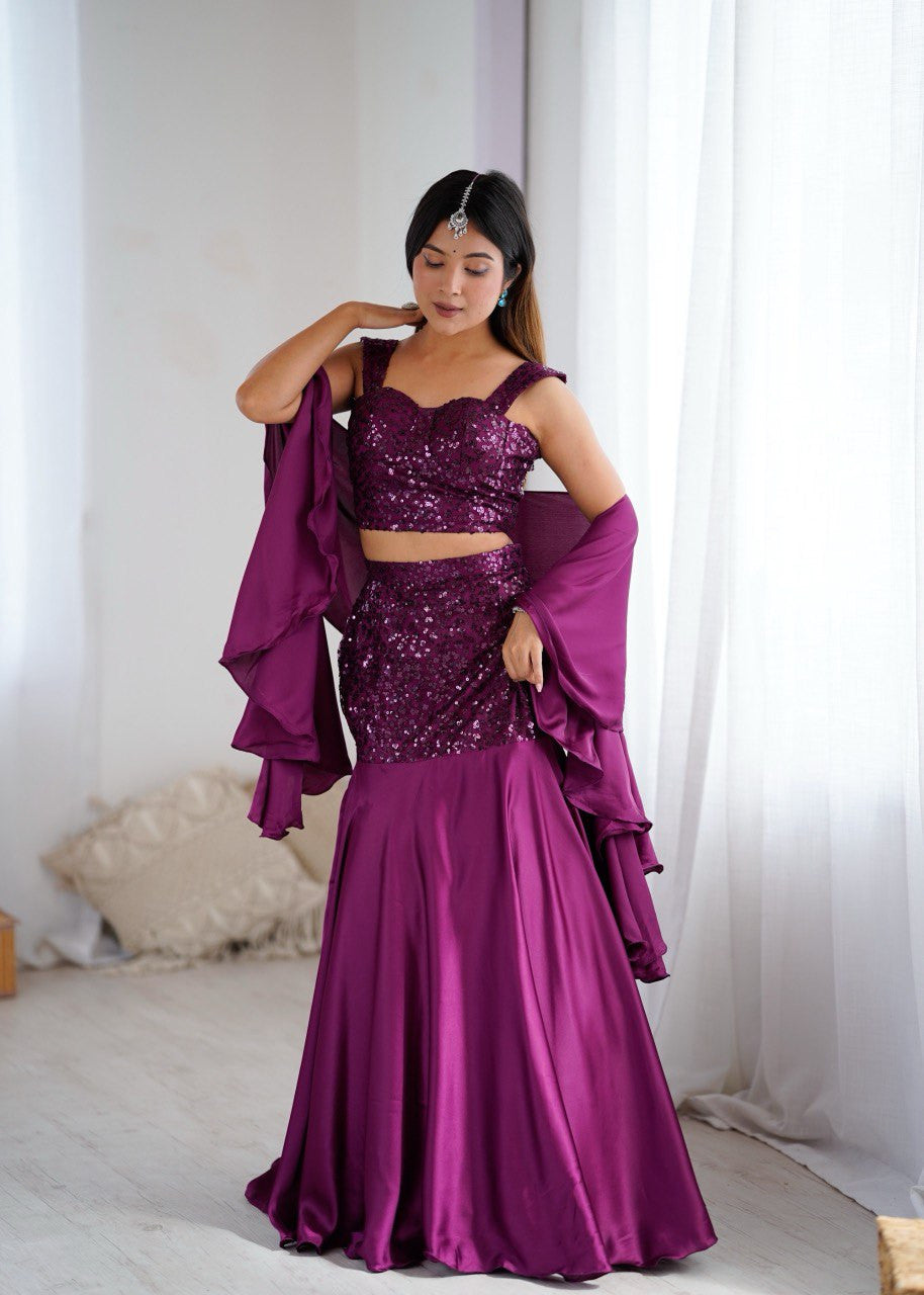 Wine Sequin Fish Cut Lehenga Choli Set with Dupatta | Fish Cut Lehenga For Women