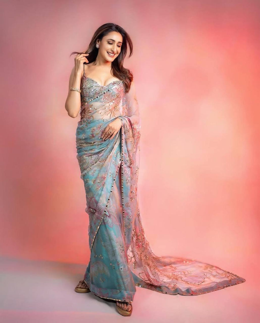 Bollywood Inspired Pastel Blue Luxury Embroidered Party Wear Saree