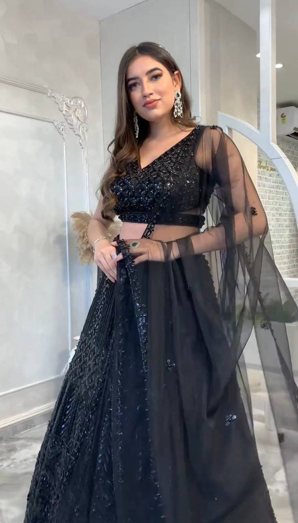Black Net Designer Lehenga Choli With Dori & Sequins For Wedding & Party Wear
