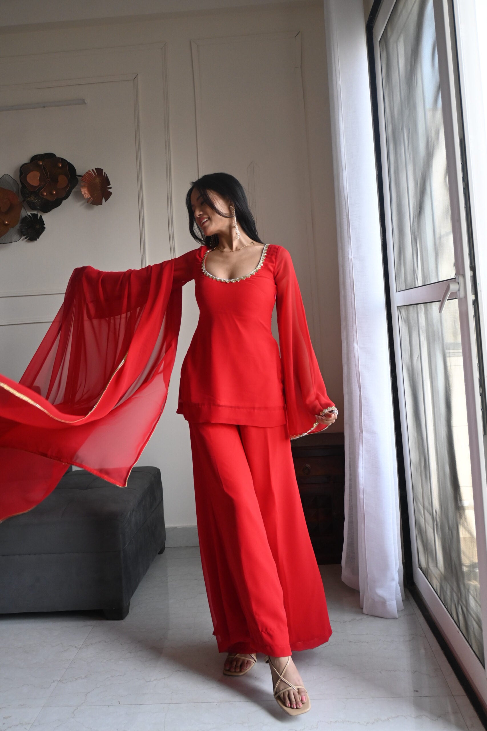 90's Style Red Handcrafted Georgette Palazzo Kurti Set