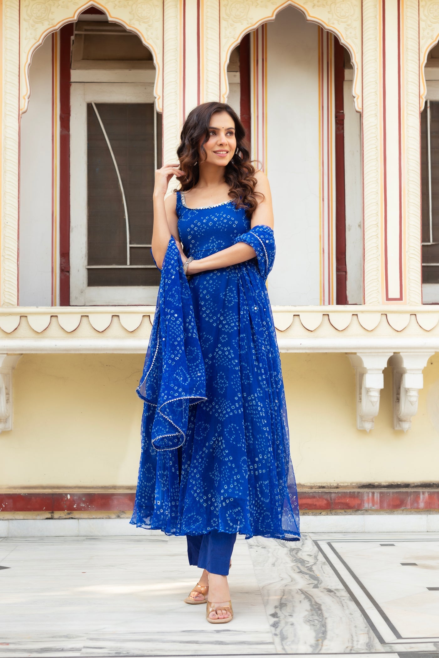 Royal Blue Digital Print Organza Silk Anarkali Suit Set with Dupatta