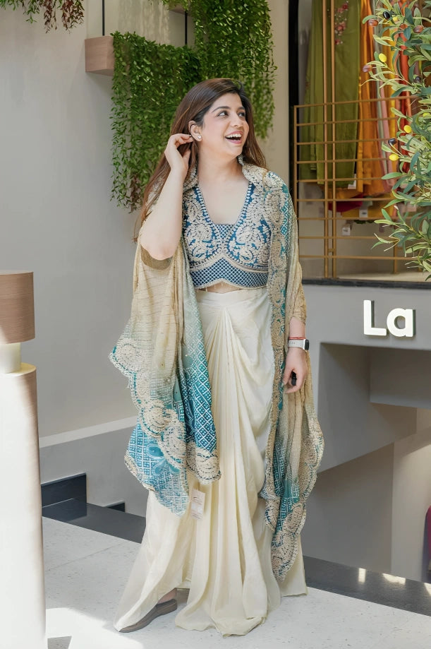 Ivory Pink Indo Western Draped Saree Set with Blouse & Shrug | Indo Western Dress For Women