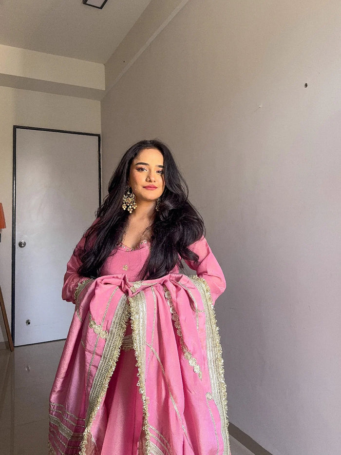 Party Wear Dusty Pink Vichitra Silk Anarkali Suit Set with Dupatta