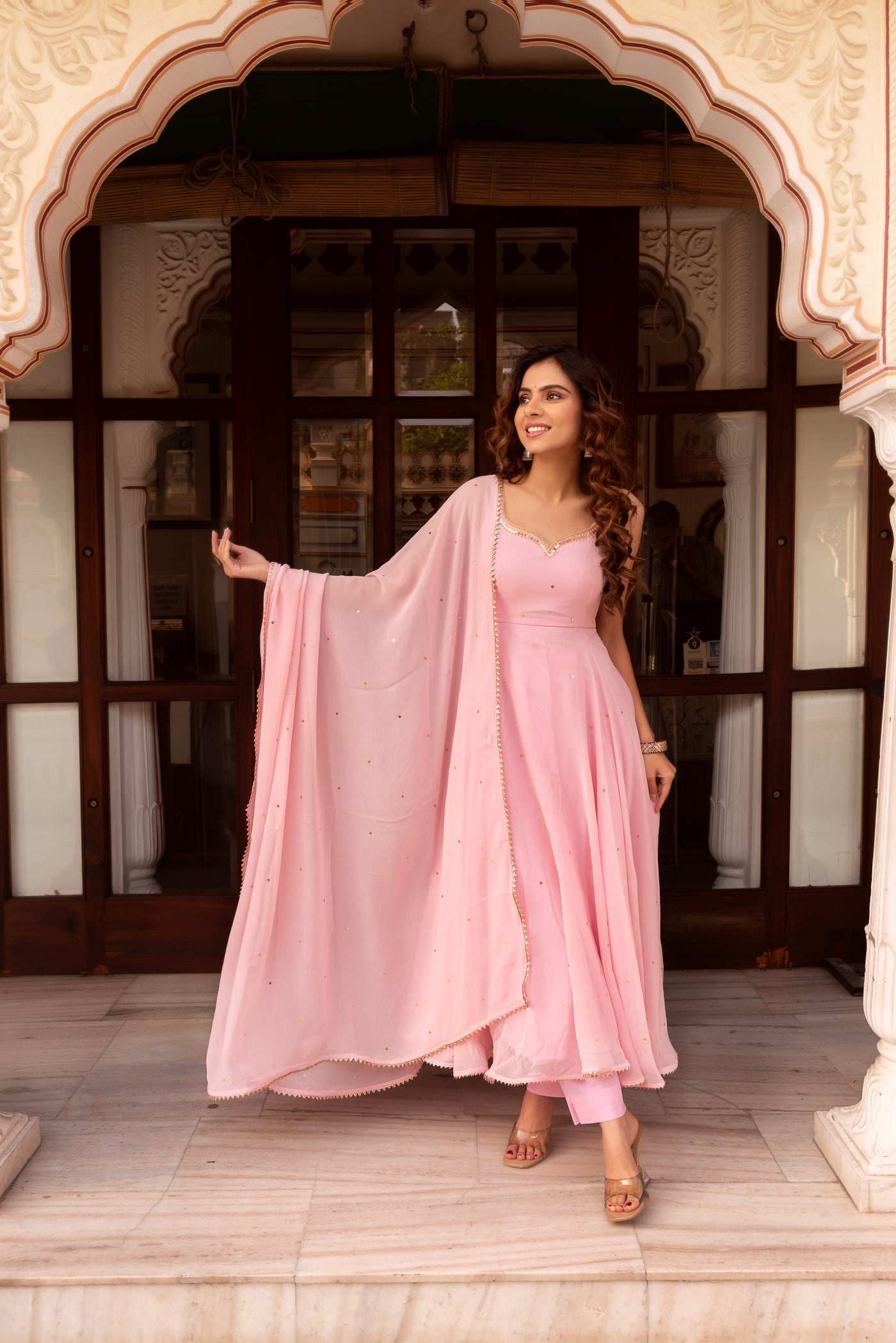 Party Wear Blush Pink Faux Georgette Anarkali Suit Set