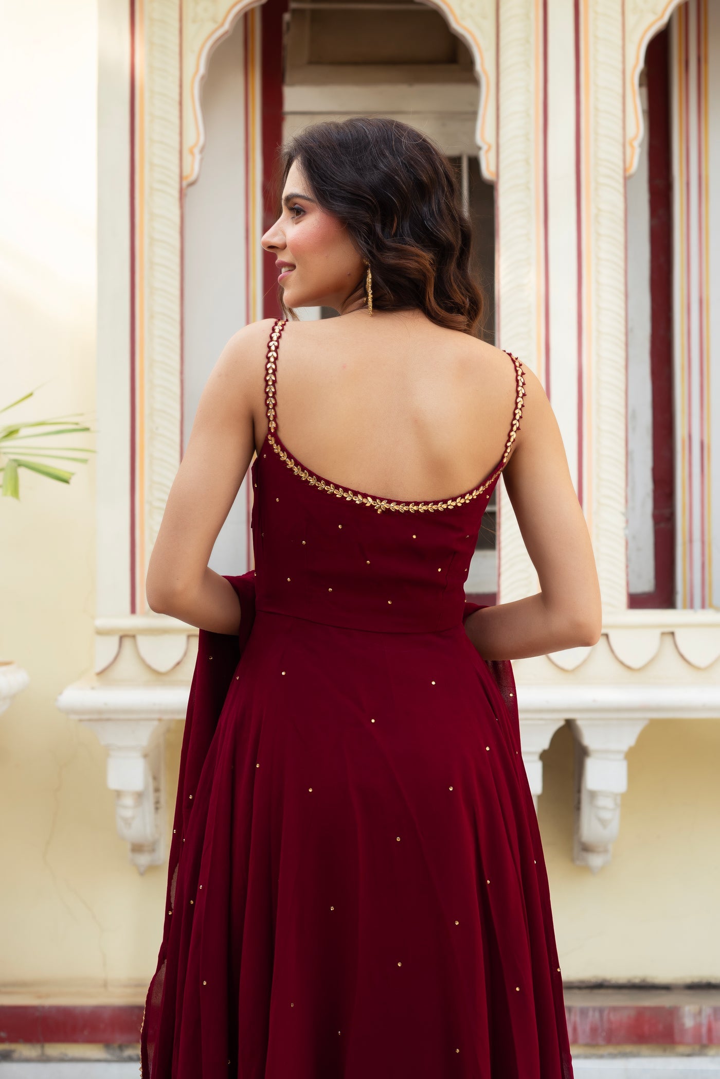 Festive Wine Maroon Heavy Faux Georgette Mirror Work Anarkali Palazzo Suit Set