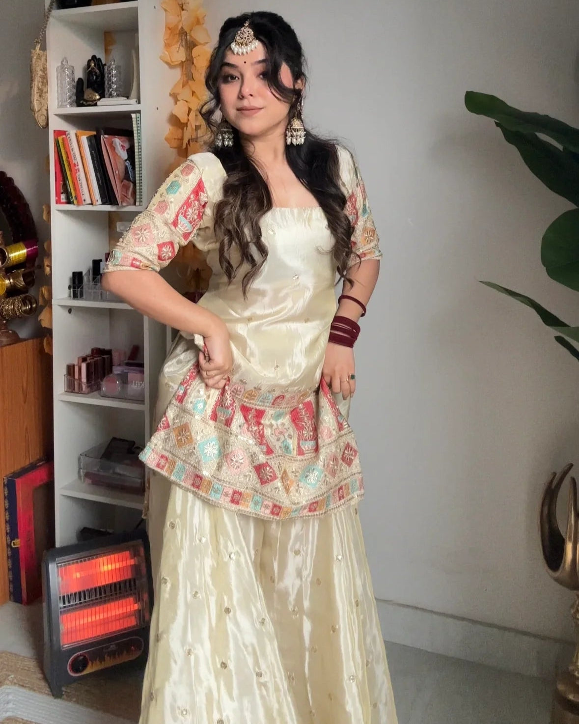 Festive Wear Ivory Heavy Chinon Silk Kurti Sharara Set with Embroidered Dupatta