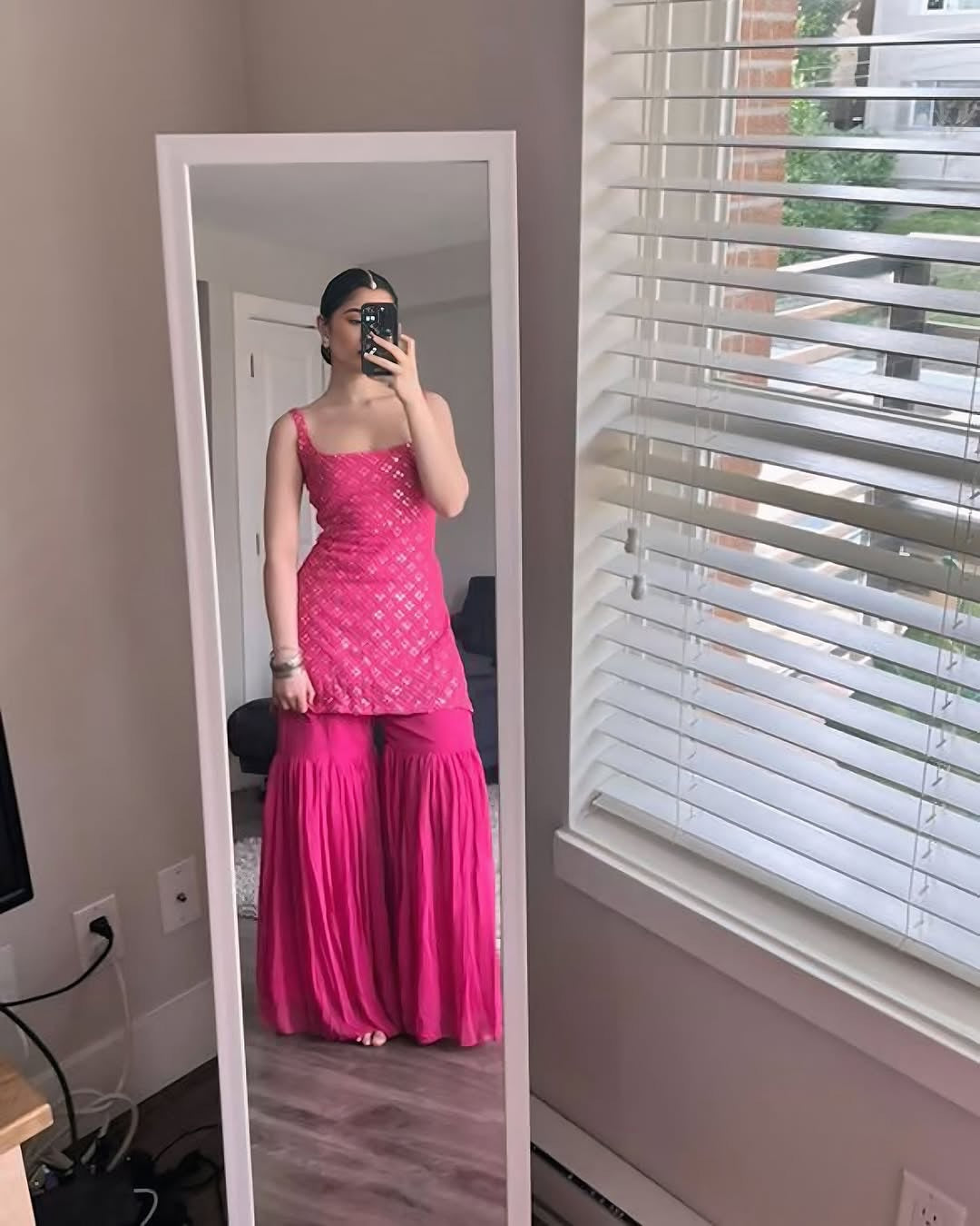 Party Wear Rose Pink Embroidered Georgette Kurti Sharara Set with Dupatta