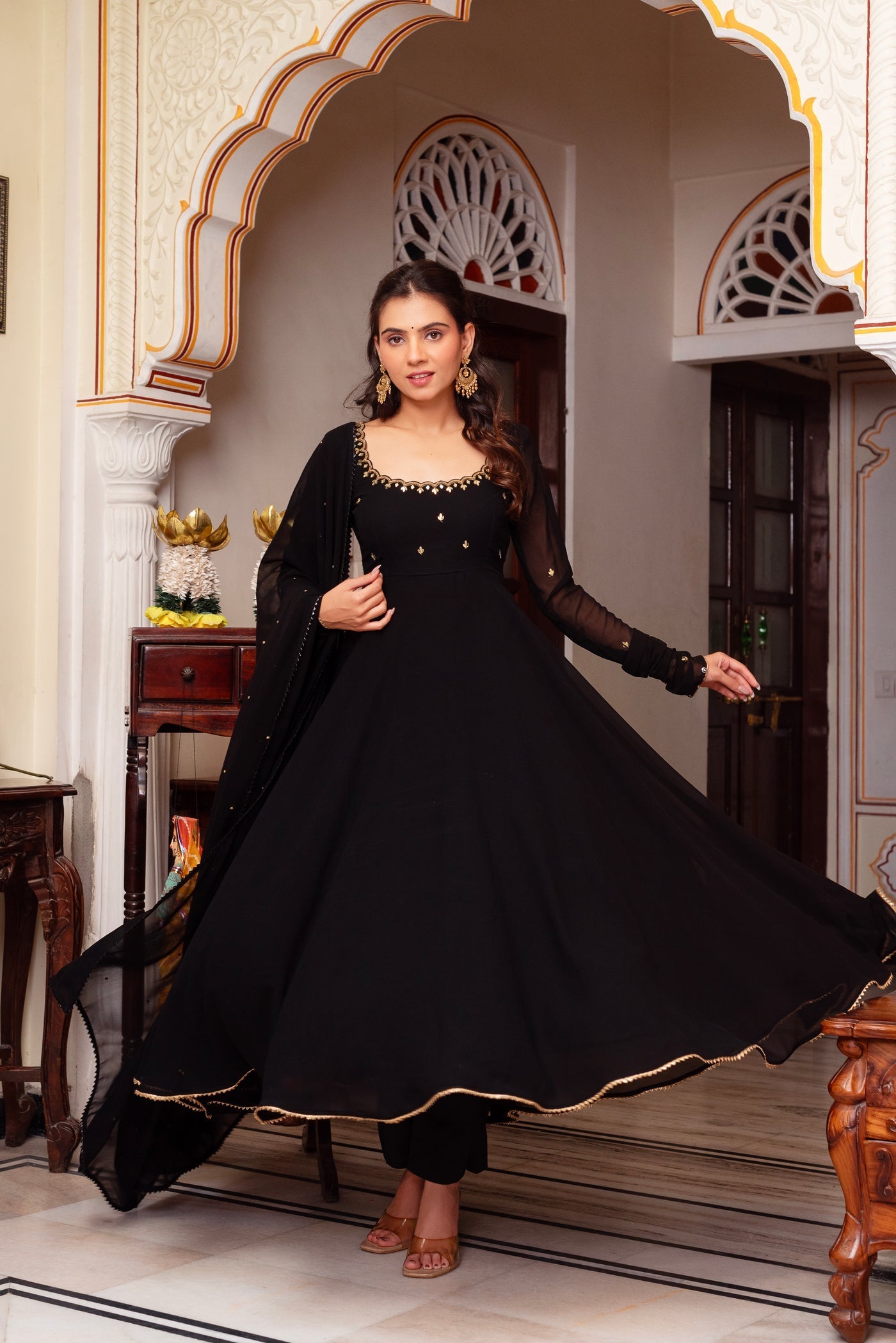 Black Soft Georgette Anarkali Suit with Dupatta For Festive Wear
