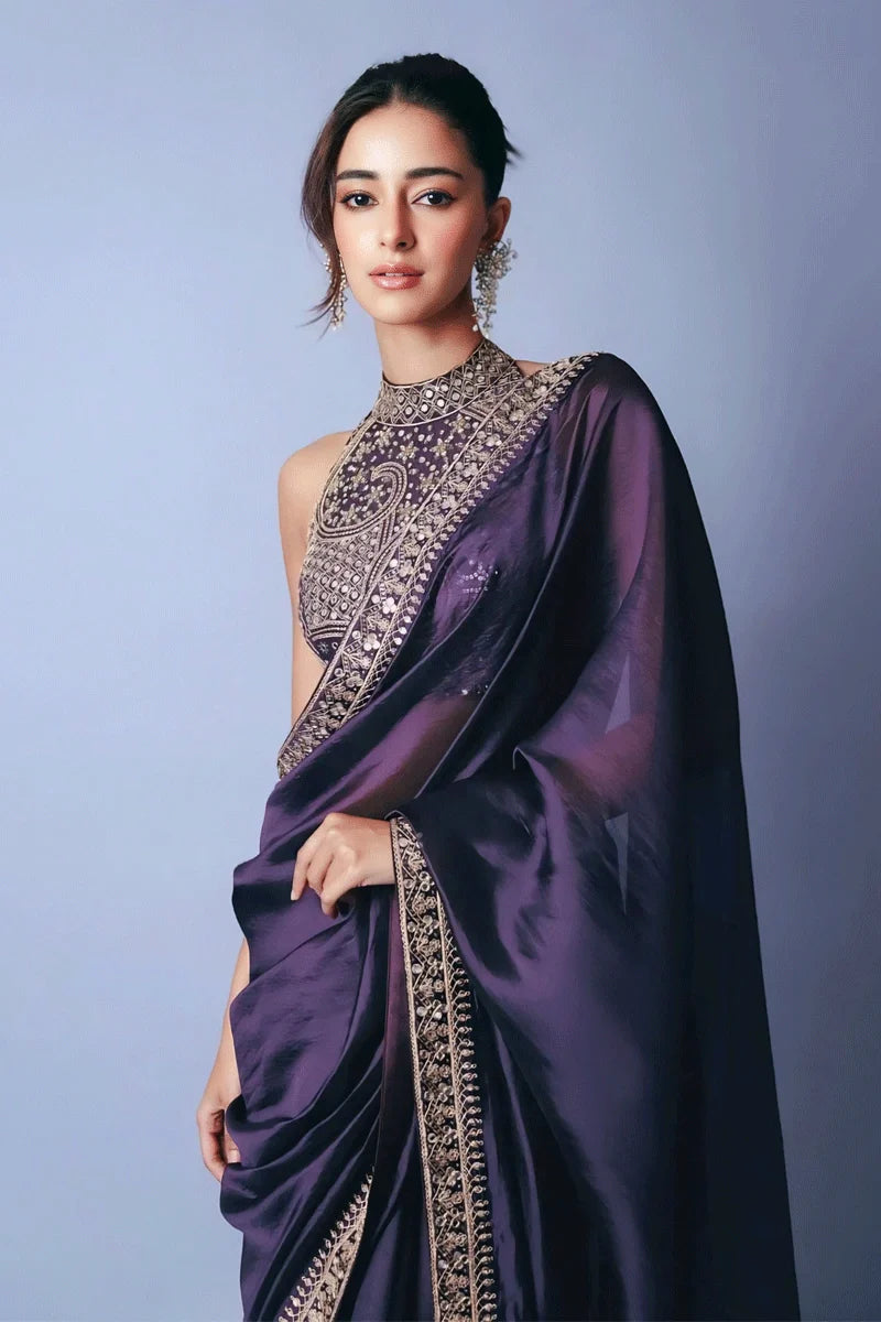 Party & Wedding Wear Designer Royal Purple Embroidered Sequin Saree with Mirror Work