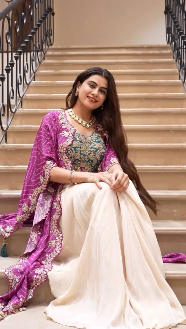 Indo Western Dress For Women | Cream Cowl Skirt & Rama Embroidery Blouse Set with Shrug