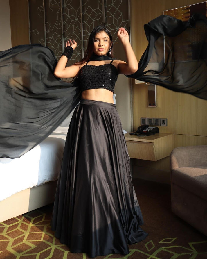Black Wedding Satin Silk Full Stitched Lehenga For Women