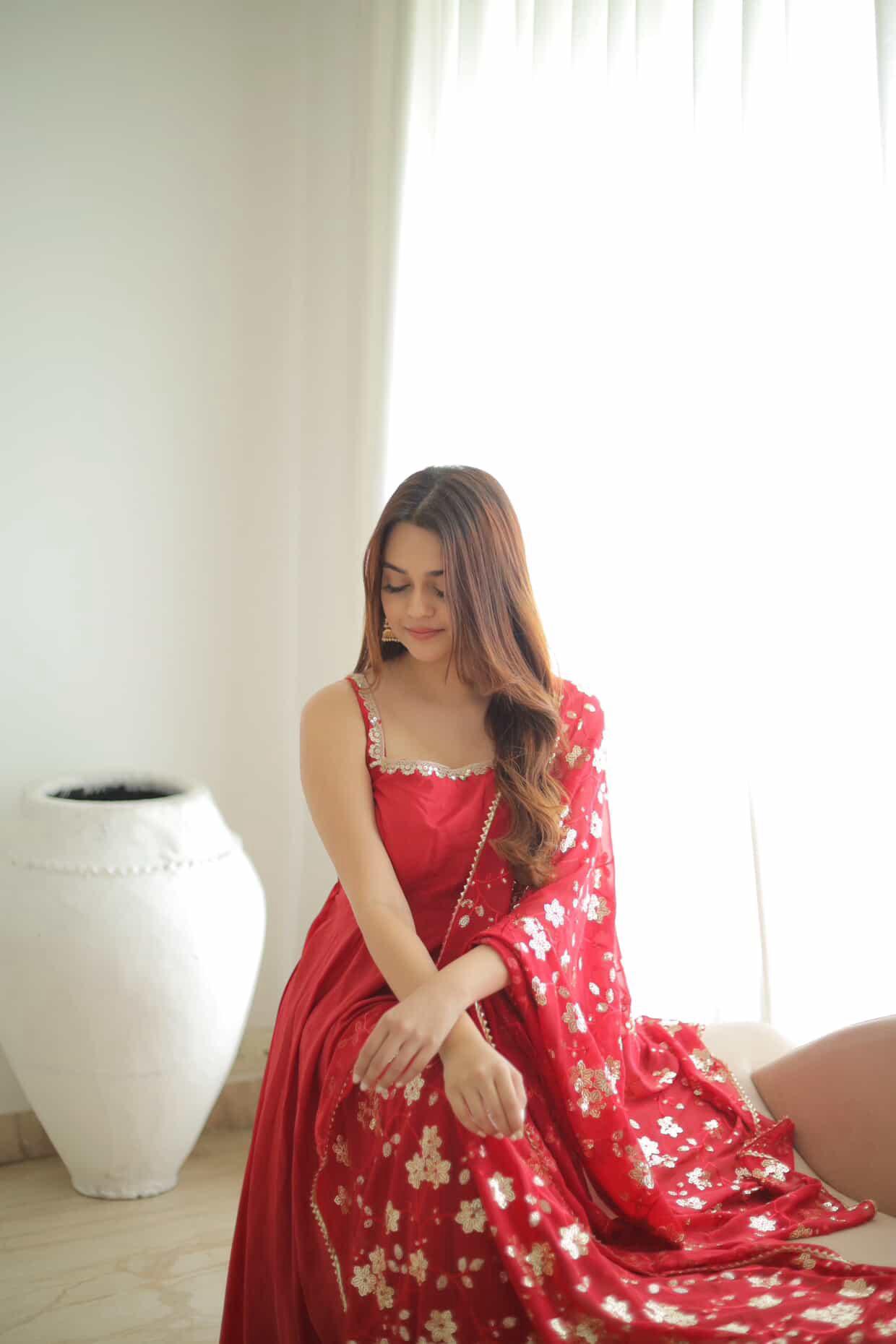 Red Georgette Sleeveless Gown with Sequins Dupatta | Party & Festive Wear