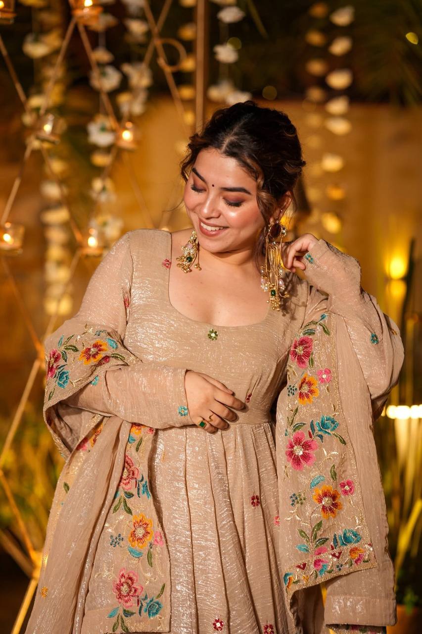 Champagne Beige Anarkali Sharara Set For Elegant Festive Wear