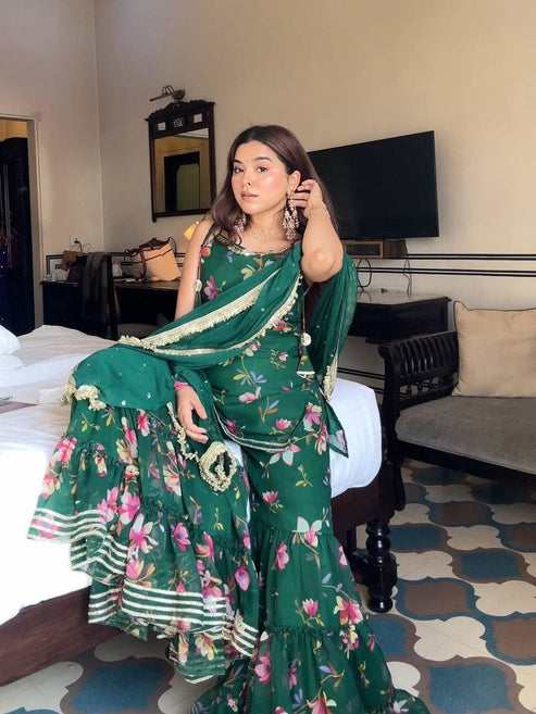 Party Wear Emerald Green Floral Printed Sharara Set with Lace & Sequins Dupatta