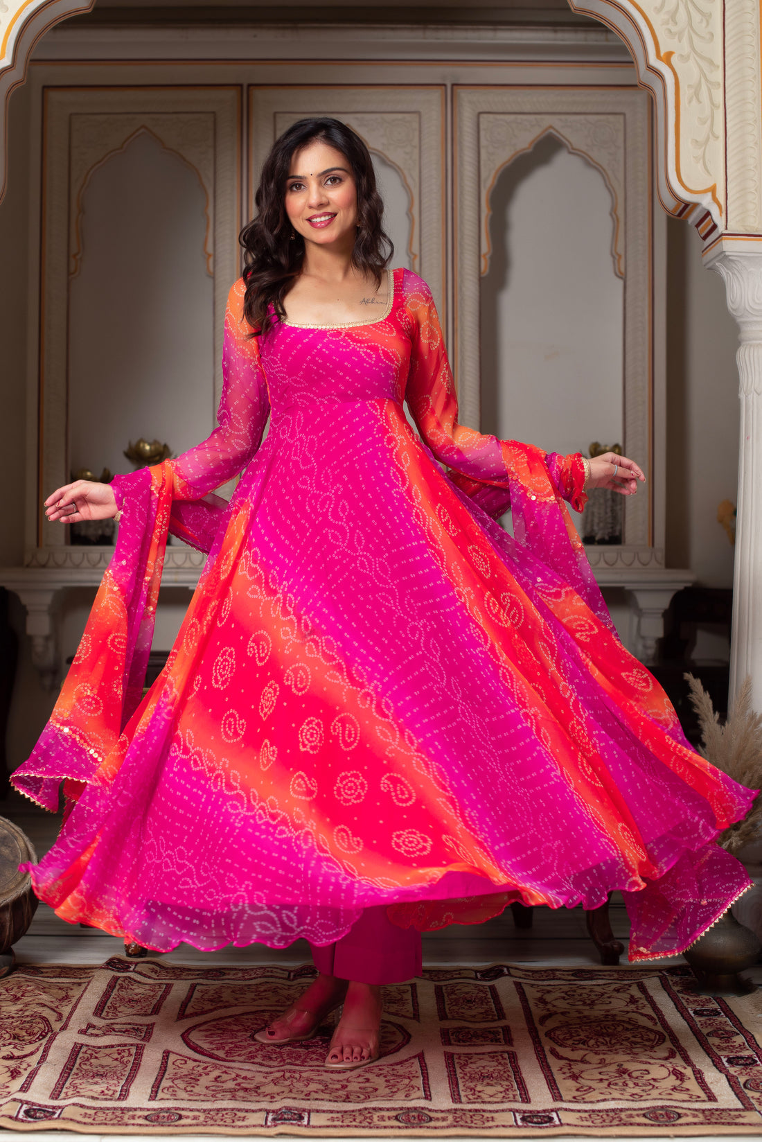 Pink & Orange Bandhani Print Faux Georgette Anarkali Suit Set with Dupatta
