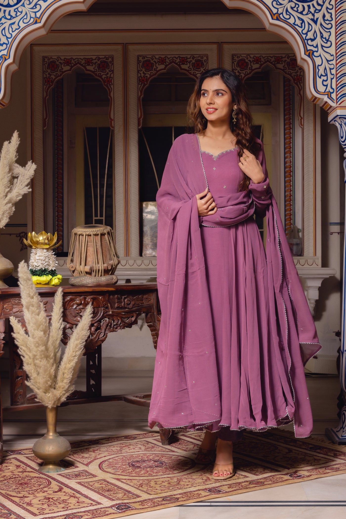 Festive Wear Mauve Faux Georgette Hand Work Gown Suit Set