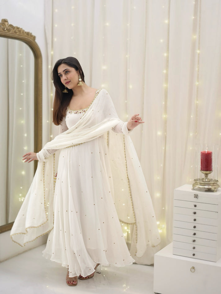 Festive Wear Elegant Apsara Off-White Faux Georgette Anarkali Suit Set with Handwork Dupatta