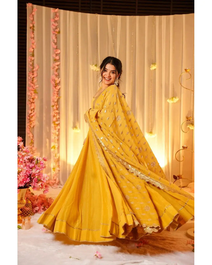 Haldi Wear Mustard Yellow Chinnon Silk Anarkali Suit with Dupatta – Sleeveless & Flared