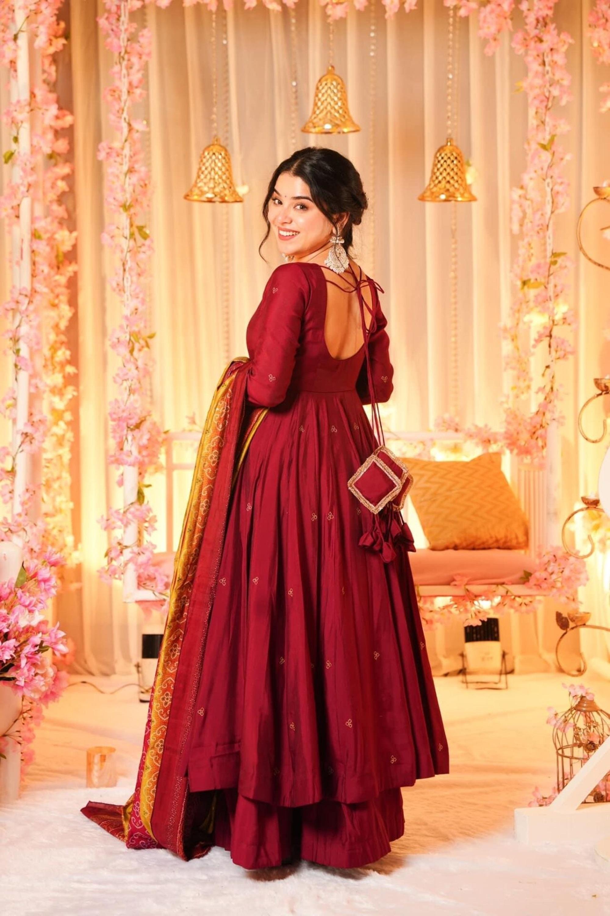 Wine Maroon Cotton Anarkali Kurta Palazzo Set | Festive Wear