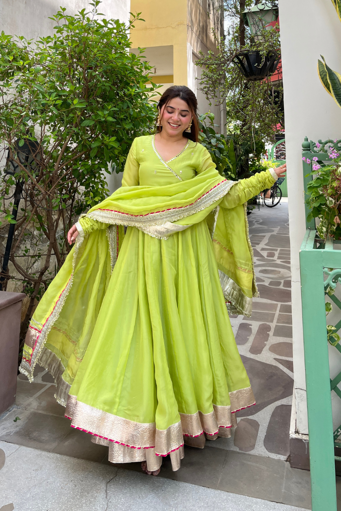 Lime Green Flared Anarkali Suit Set For Women | Ethnic Wear for Wedding, Party & Festive Occasions
