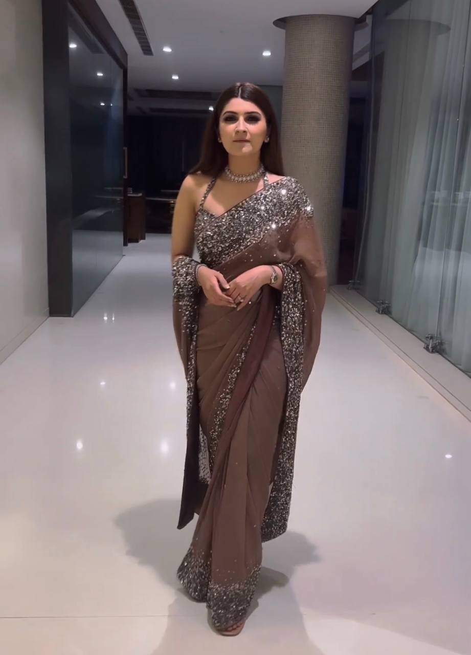 Chocolate Brown Georgette Glitter Saree For Party & Wedding Wear