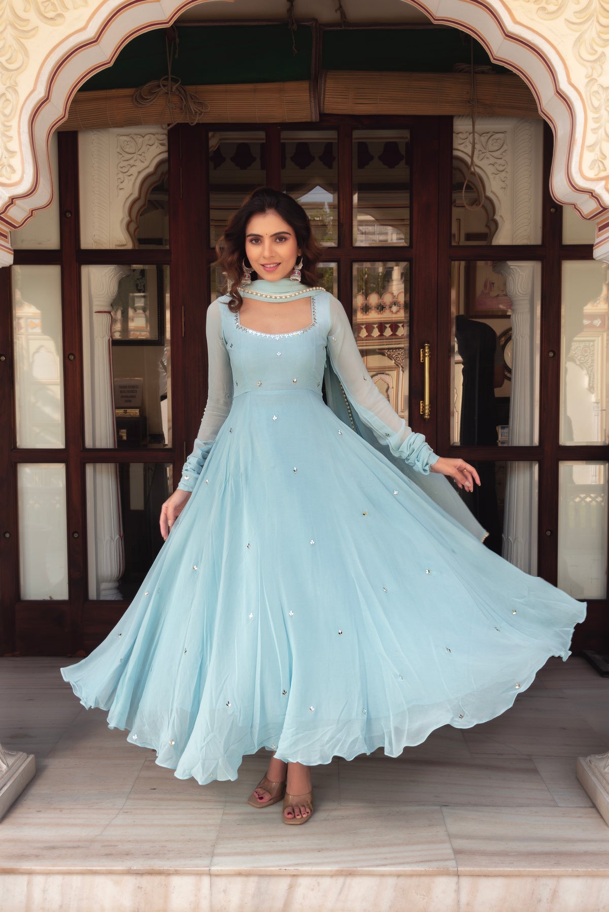 Sky Blue Faux Georgette Anarkali Suit with Silver Leaf Handwork & Dupatta