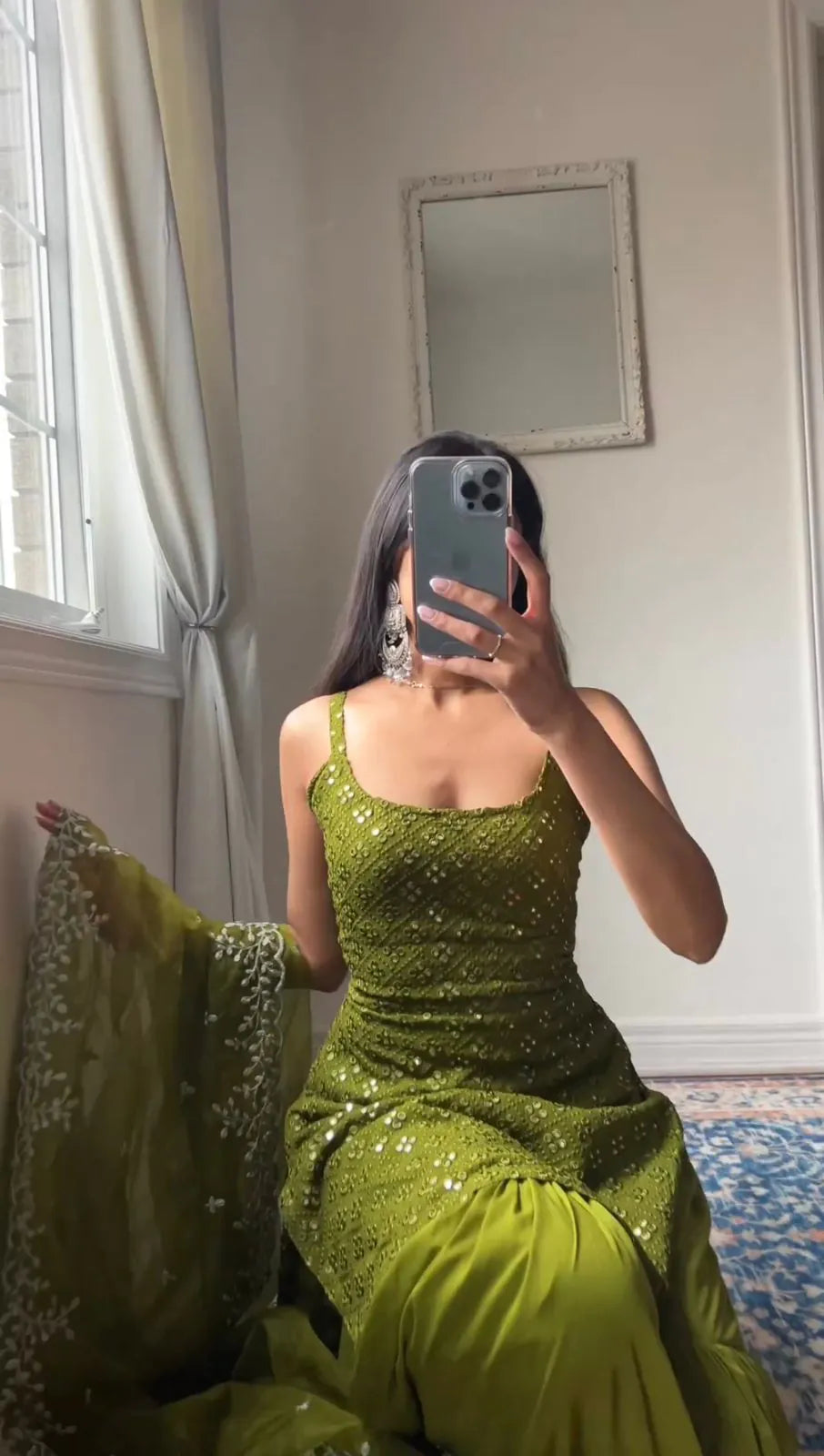 Festive Wear Olive Green Embroidered Georgette Kurti Sharara Set with Dupatta