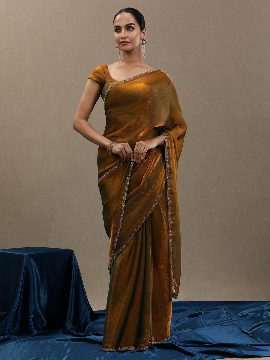 Bronze Gold Soft Organza Saree with Minimal Border – Elegant Partywear Saree