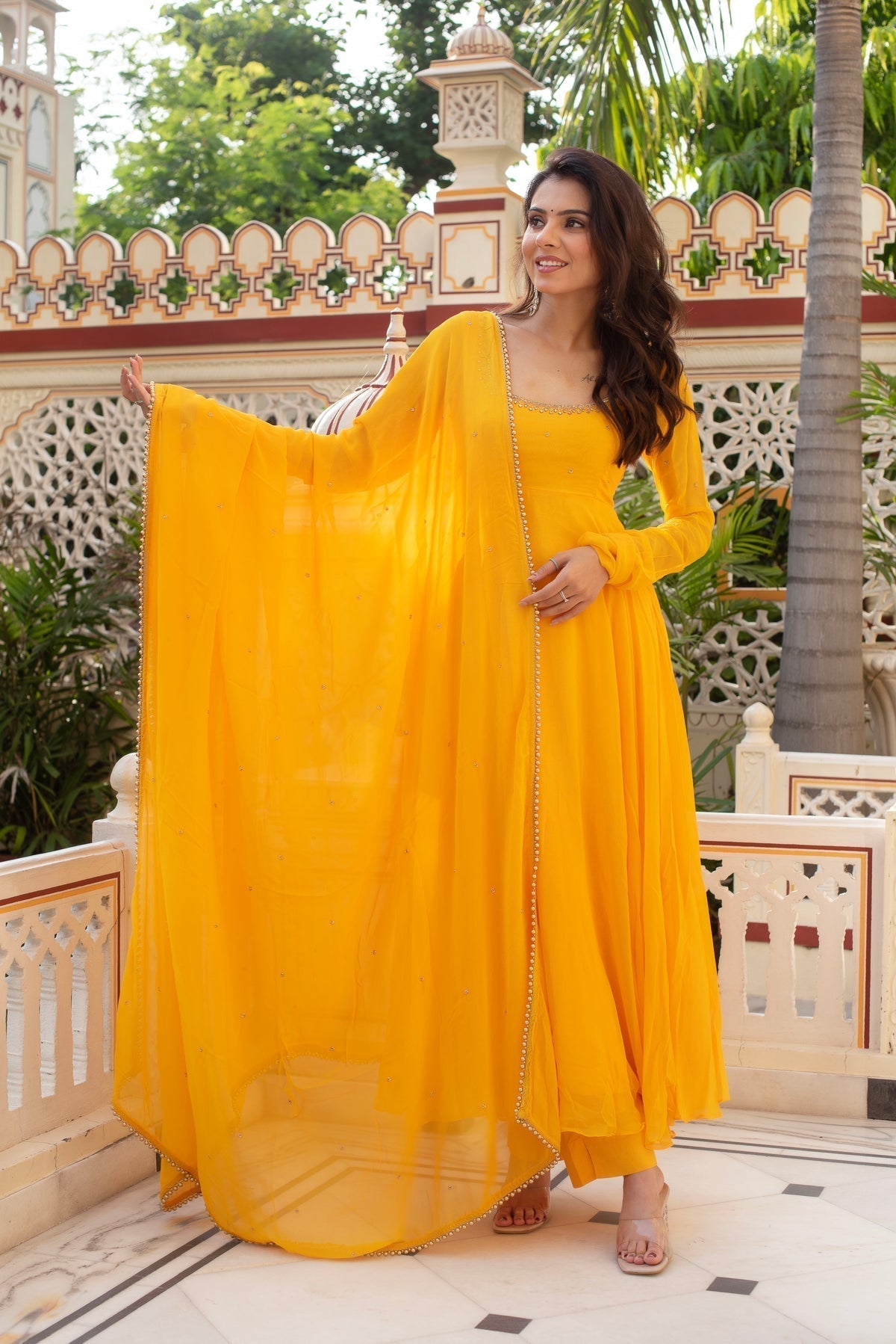 Beautiful Yellow Anarkali Suit Set with Georgette Dupatta