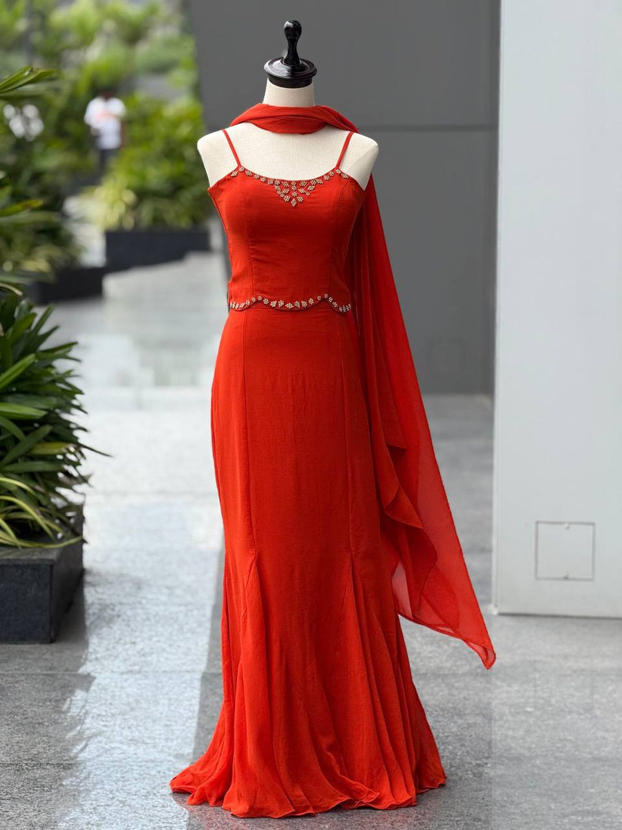 90's Style Iconic Red Fish Cut Fully Stitched Lehenga Choli