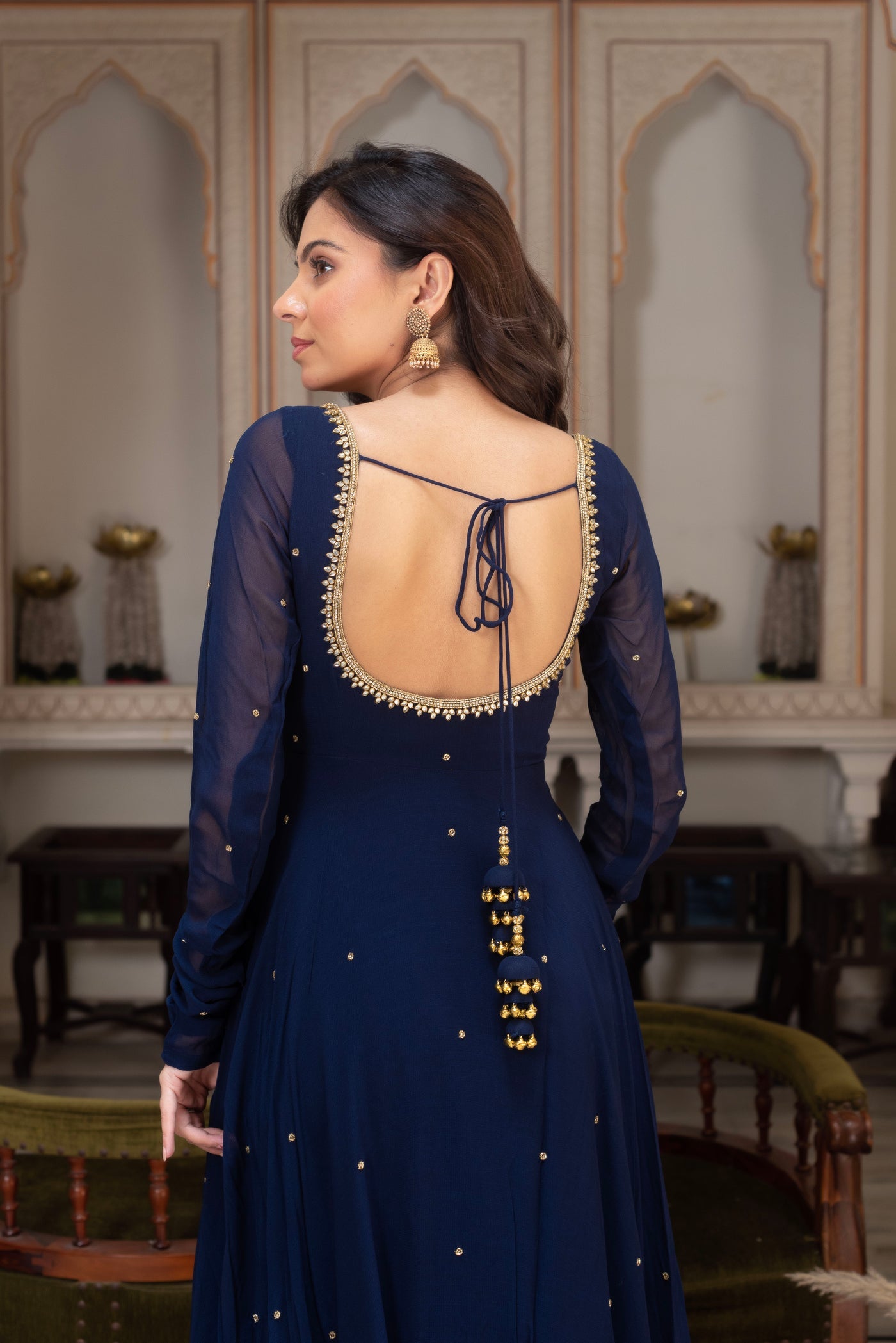 Function Wear Navy Blue Premium Georgette Anarkali Suit Set with Lace Border Dupatta