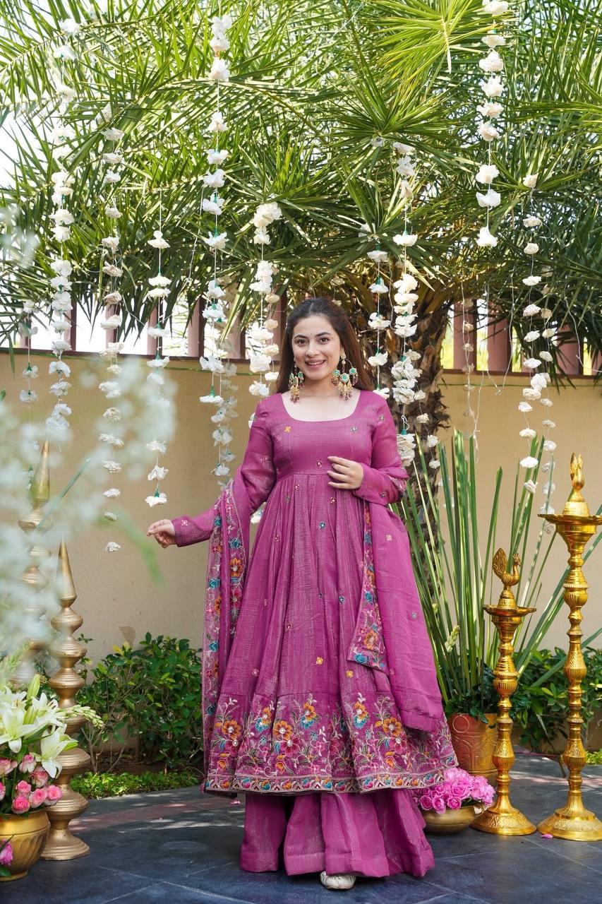 Festive Designer Wear Rose Pink Anarkali Sharara Set